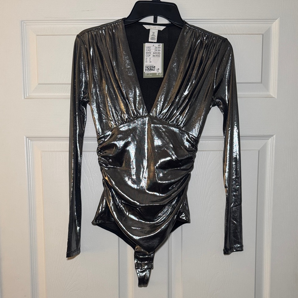H&M Metallic Silver Long Sleeve Jumpsuit